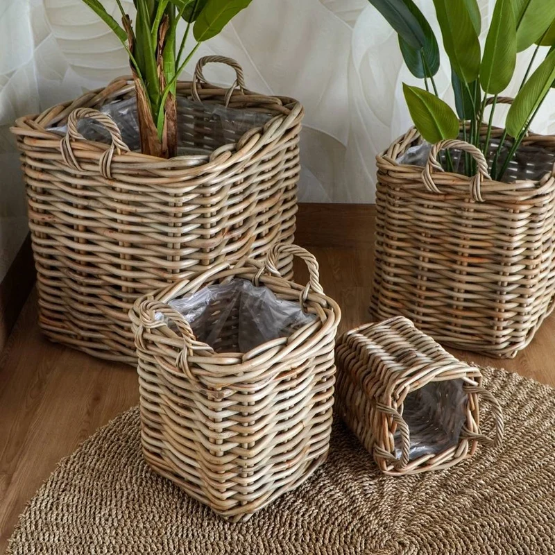 Natürlicher Rattankorb BAKUL eckig Grey 40x40cm mit Griffen