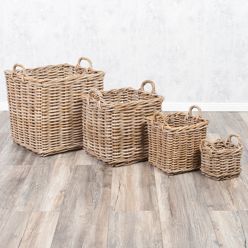 Natur-Rattankorb BAKUL eckig Grey 50x50cm mit Griffen Handarbeit