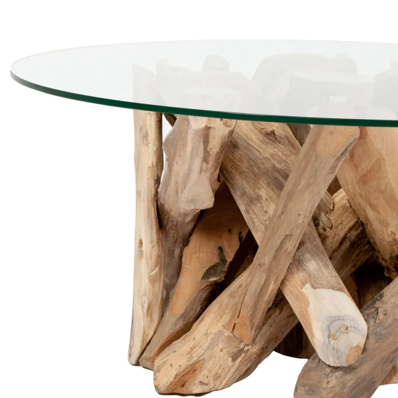 Individueller Teak Couchtisch TORA-rund Glasplatte D80cm