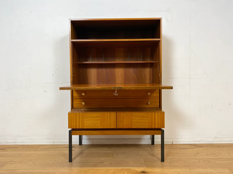 Sehr schöner aufklappbarer Mid-Century Schreibschrank I Sekretär Schreibkommode Schreibtisch Bücherschrank Regal Highboard Kommode Sideboard 60er 70er VEB Vintage I