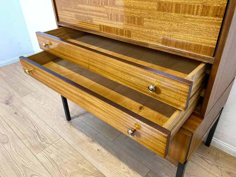 Sehr schöner aufklappbarer Mid-Century Schreibschrank I Sekretär Schreibkommode Schreibtisch Bücherschrank Regal Highboard Kommode Sideboard 60er 70er VEB Vintage I