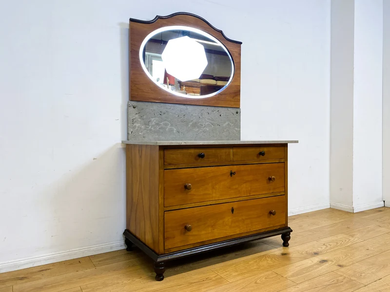 Edler antiker Waschtisch Schrank mit Spiegel & Marmor I Vollholz I Spiegelkommode Anrichte Schubladenkommode Marmorkommode Schminkkommode Frisierkommode Kommode Wäschekommode Vintage Jugendstil