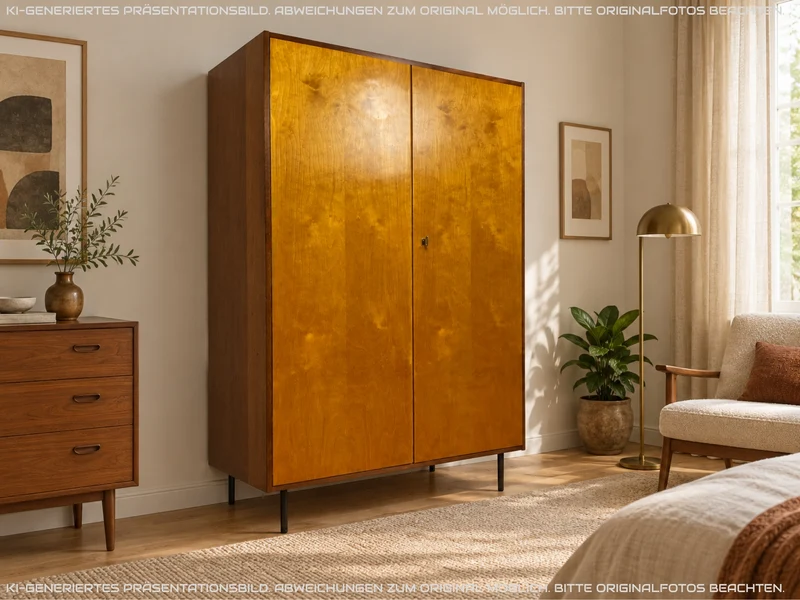 Freundlicher heller Mid-Century Kleiderschrank aus 1963 mit Kleiderstange I Schrank Schlafzimmerschrank Flurschrank Garderobe Garderobenschrank Wardrobe Vintage Retro VEB I