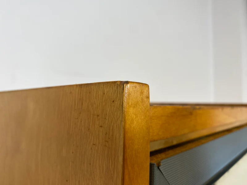 60er Jahre Schrank mit Spiegel, Schublade und Messinggriffen I Schrank Kleiderschrank Spiegelschrank Flurschrank Garderobe Barschrank Mid-Century Vintage 50er I