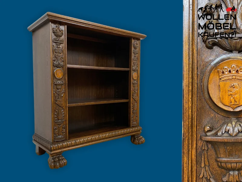 Besonderes antikes Regal handverziert mit Berliner Wappen, preußischen Adler und mächtigen Löwenfüßen I Vollholz Holzregal Bücherregal Bücherschrank Gründerzeit Kaiser Bär Historismus Vintage I