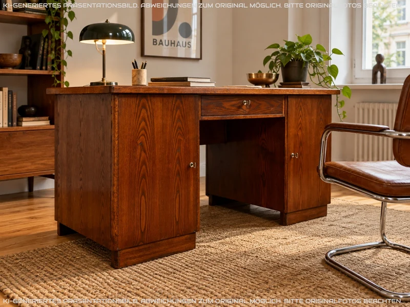 Sehr schöner freistehender 30er Jahre Art Deco Schreibtisch aus vollem Holz in Eiche mit Regal Rückseite I Arbeitstisch Bürotisch Writing Desk Antik Vintage Mid-Century I