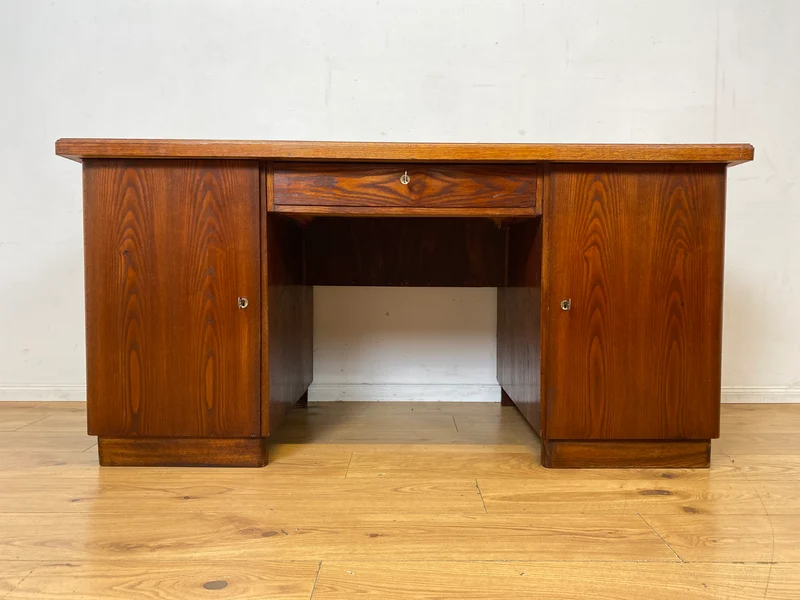 Sehr schöner freistehender 30er Jahre Art Deco Schreibtisch aus vollem Holz in Eiche mit Regal Rückseite I Arbeitstisch Bürotisch Writing Desk Antik Vintage Mid-Century I