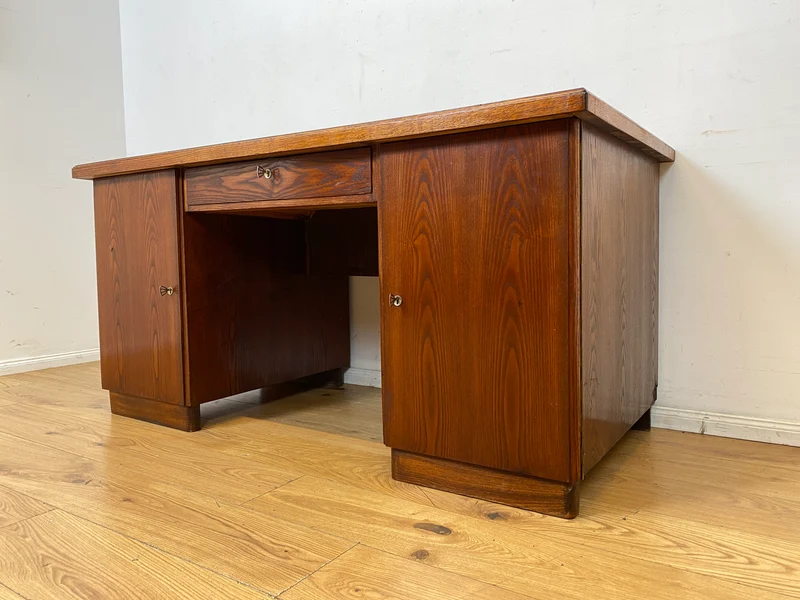 Sehr schöner freistehender 30er Jahre Art Deco Schreibtisch aus vollem Holz in Eiche mit Regal Rückseite I Arbeitstisch Bürotisch Writing Desk Antik Vintage Mid-Century I