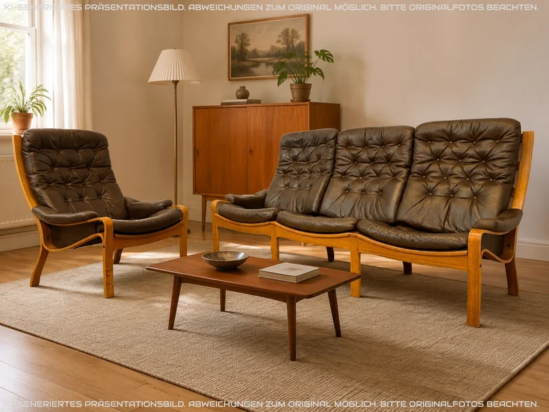 WMK I Stilvolles skandinavische Sofa mit gestepptem braunem Echtleder Bezug I Norwegen 1970er I Couch Ledercouch Ledersofa 3-Sitzer 3er Sitzgarnitur Mid-Century Vintage Leder I