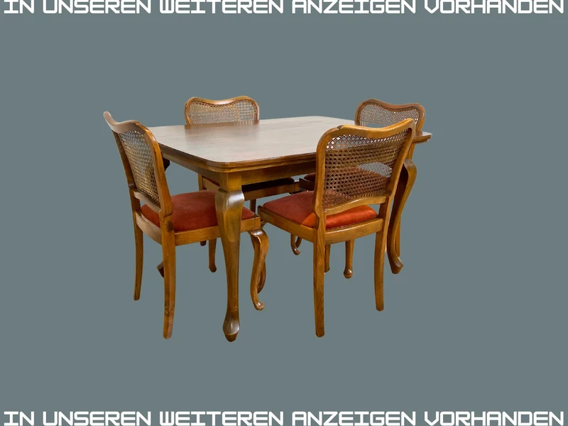 Set aus 4 wunderschönen 50er Jahre Chippendale Esszimmerstühlen mit Wiener Geflecht & bordeaux rotem Bezug I 4er Stühle Holzstühle Küchenstühle Mid-Century Vintage Barock I