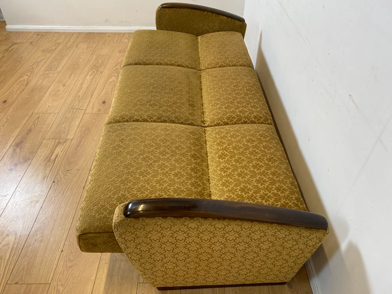 Wunderschönes & sehr gut erhaltenes 1930er Jahre Art Deco Sofa mit Schlaffunktion & goldenem Brokat Bezug I Couch Schlafcouch Schlafsofa Klappcouch Daybed Antik Vintage I (Kopie)
