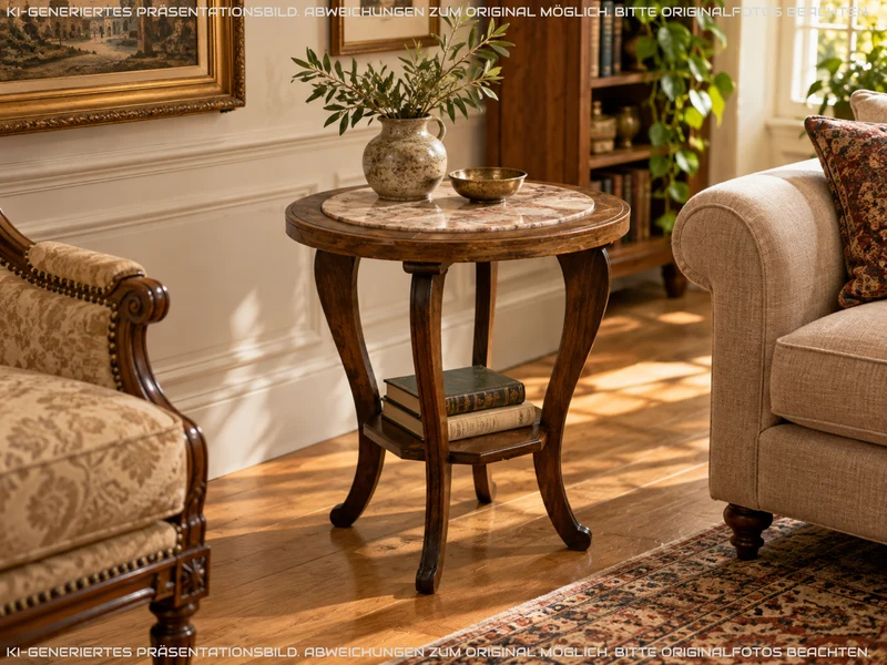 Sehr schöner runder handverzierter antiker Beistelltischtisch mit Marmor Platte und Ablage I Tisch Beistelltisch Rauchertisch Couchtisch Marmortisch Jugendstil Barock Vintage I