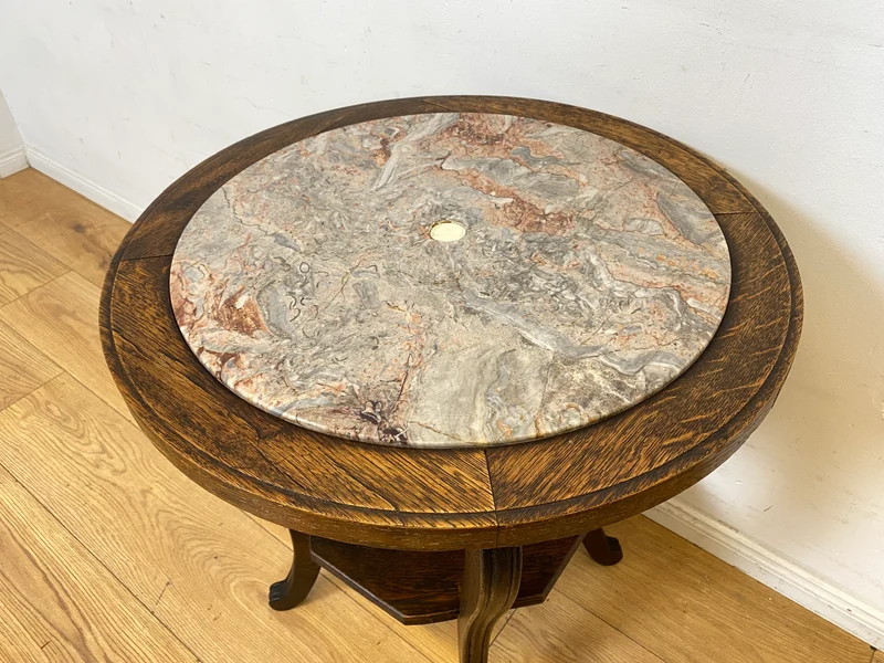 Sehr schöner runder handverzierter antiker Beistelltischtisch mit Marmor Platte und Ablage I Tisch Beistelltisch Rauchertisch Couchtisch Marmortisch Jugendstil Barock Vintage I