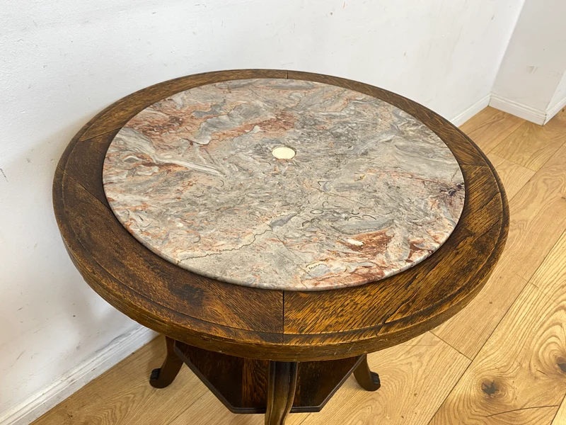 Sehr schöner runder handverzierter antiker Beistelltischtisch mit Marmor Platte und Ablage I Tisch Beistelltisch Rauchertisch Couchtisch Marmortisch Jugendstil Barock Vintage I