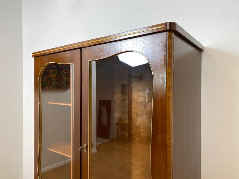 Besonders schöner und perfekt aufgeteilter dunkler Mid-Century Kleiderschrank mit Glastüren I Schrank Schlafzimmerschrank Wäscheschrank Rockabilly Vintage 50er 60er I
