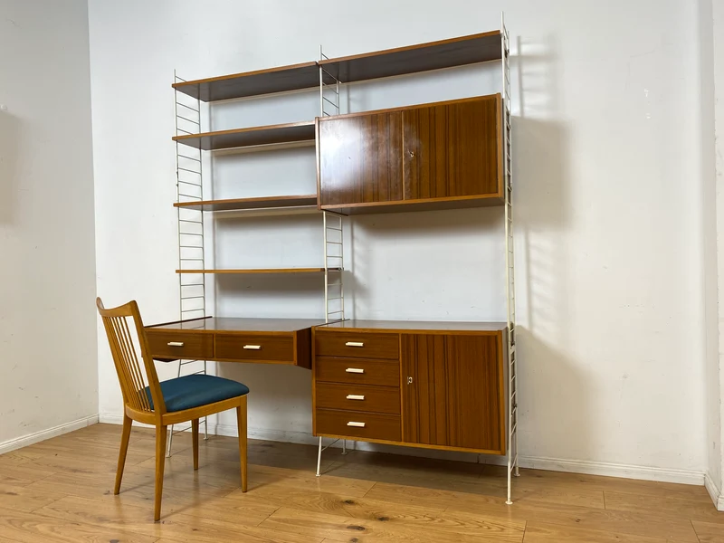 Kultiges modulares DDR Stringregal mit Schreibtisch & Schubladenkommode I String Regal Regalwand Bücherschrank Sekretär Highboard Bücherregal Leitermöbel Sybille Babette Vintage Retro 70er I