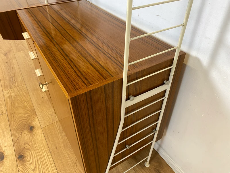 Kultiges modulares DDR Stringregal mit Schreibtisch & Schubladenkommode I String Regal Regalwand Bücherschrank Sekretär Highboard Bücherregal Leitermöbel Sybille Babette Vintage Retro 70er I