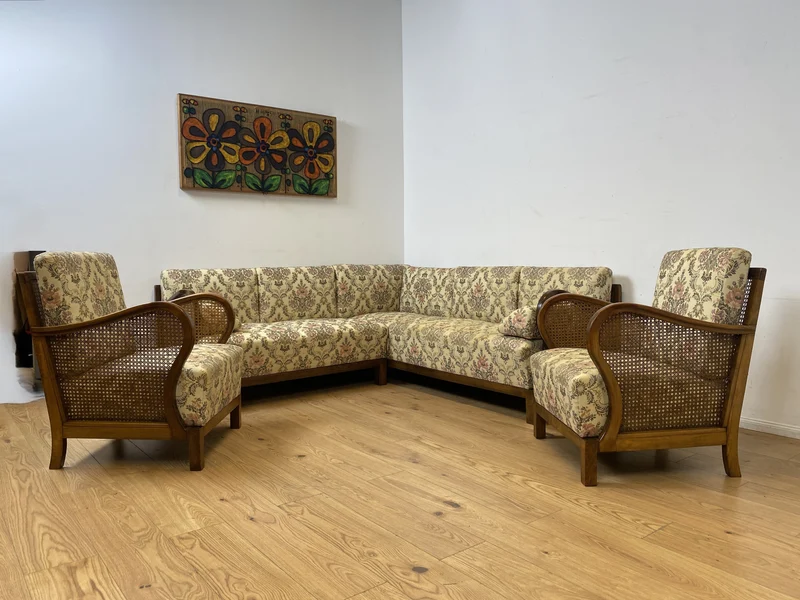 WMK I Wunderschönes antikes Ecksofa mit floralem Bezug , Wiener Geflecht und Federkern (Kopie)