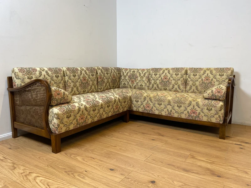WMK I Wunderschönes antikes Ecksofa mit floralem Bezug , Wiener Geflecht und Federkern (Kopie)