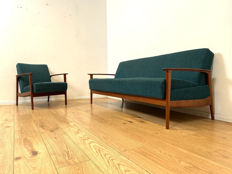 Eleganter skandinavischer Mid-Century Sessel mit Teakholz Rahmen, Federkern und petrol Blauem Original Bezug I Clubsessel Armchair Sitzgarnitur Danish Design Vintage 60er I