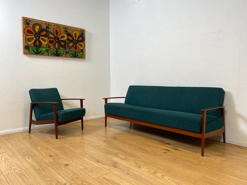 Eleganter skandinavischer Mid-Century Sessel mit Teakholz Rahmen, Federkern und petrol Blauem Original Bezug I Clubsessel Armchair Sitzgarnitur Danish Design Vintage 60er I