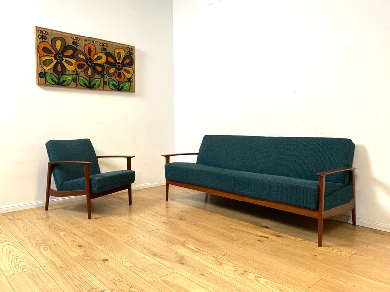 Elegantes skandinavisches Mid-Century Sofa mit Schlaffunktion , Teakholz Rahmen, und petrol Blauem Original Bezug I Couch Schlafsofa Schlafcouch Daybed Sitzgarnitur Danish Design Vintage 60er I