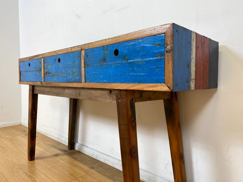 Boatwood by WMK I Einzigartige blaue Konsole handgefertigt aus altem Bootsholz in Originalfarbe mit Schubladen