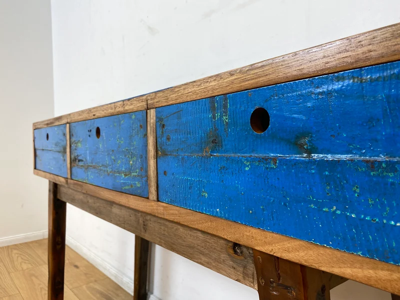 Boatwood by WMK I Einzigartige blaue Konsole handgefertigt aus altem Bootsholz in Originalfarbe mit Schubladen