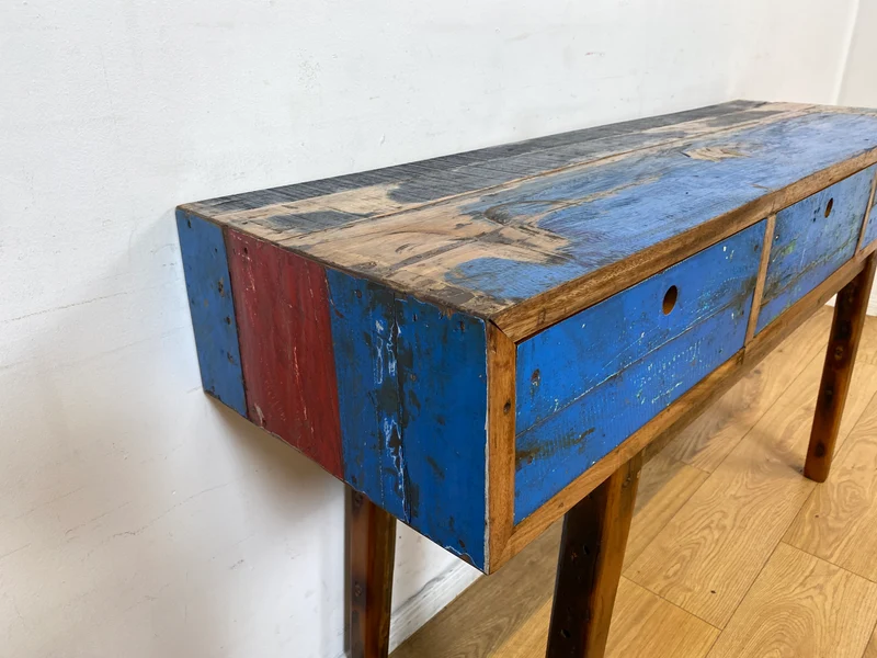 Boatwood by WMK I Einzigartige blaue Konsole handgefertigt aus altem Bootsholz in Originalfarbe mit Schubladen