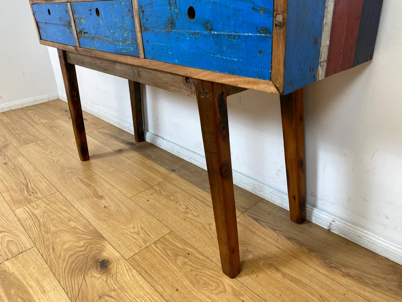 Boatwood by WMK I Einzigartige blaue Konsole handgefertigt aus altem Bootsholz in Originalfarbe mit Schubladen