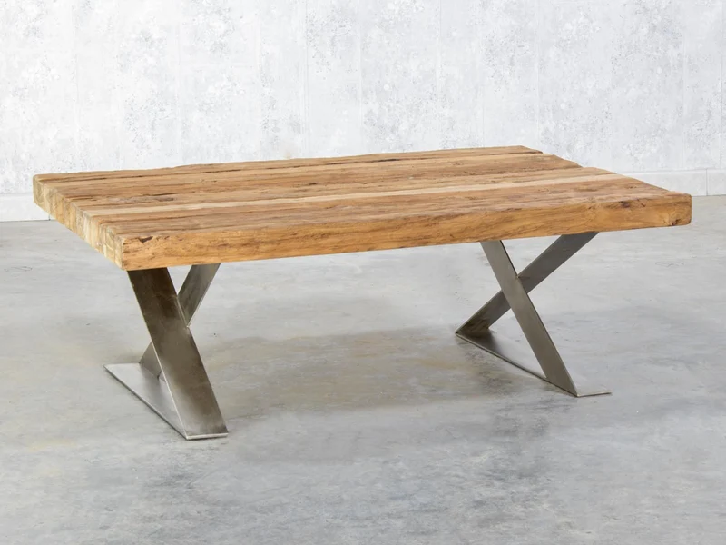 Massivholz Couchtisch aus Teak Altholz 120x80cm + Edelstahl Untergestell