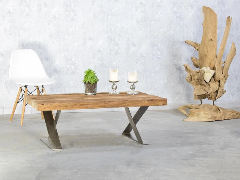 Massivholz Couchtisch aus Teak Altholz 120x80cm + Edelstahl Untergestell