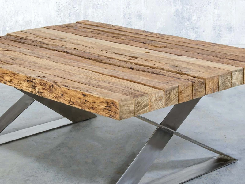 Massivholz Couchtisch aus Teak Altholz 120x80cm + Edelstahl Untergestell