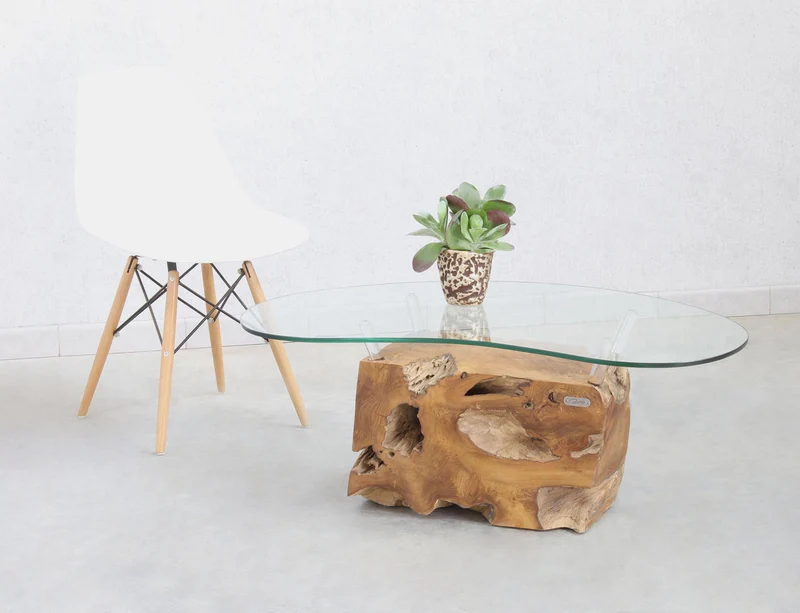 Massiver Teakholz Couchtisch mit Glasplatte in Nierenform