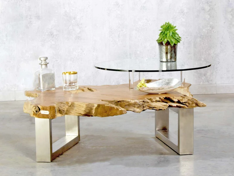 Designer Couchtisch San Miguel aus massivem Teakholz mit Glasplatte