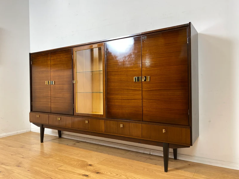 Besonders schöner dunkler Hochglanz Mid-Century Wohnzimmerschrank mit Vitrine und Schubladen I Schrankwand Highboard Sideboard Buffet Anrichte Wohnwand Vintage 50er 60er I