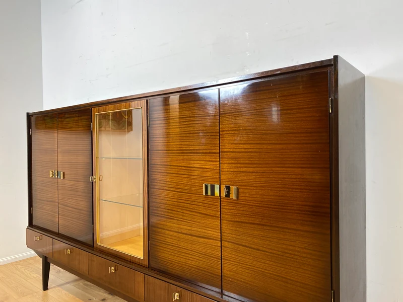Besonders schöner dunkler Hochglanz Mid-Century Wohnzimmerschrank mit Vitrine und Schubladen I Schrankwand Highboard Sideboard Buffet Anrichte Wohnwand Vintage 50er 60er I