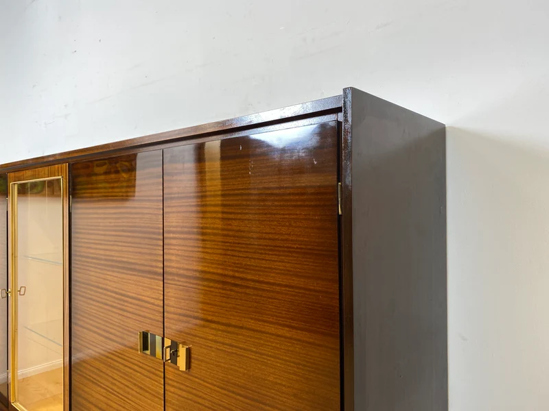 Besonders schöner dunkler Hochglanz Mid-Century Wohnzimmerschrank mit Vitrine und Schubladen I Schrankwand Highboard Sideboard Buffet Anrichte Wohnwand Vintage 50er 60er I