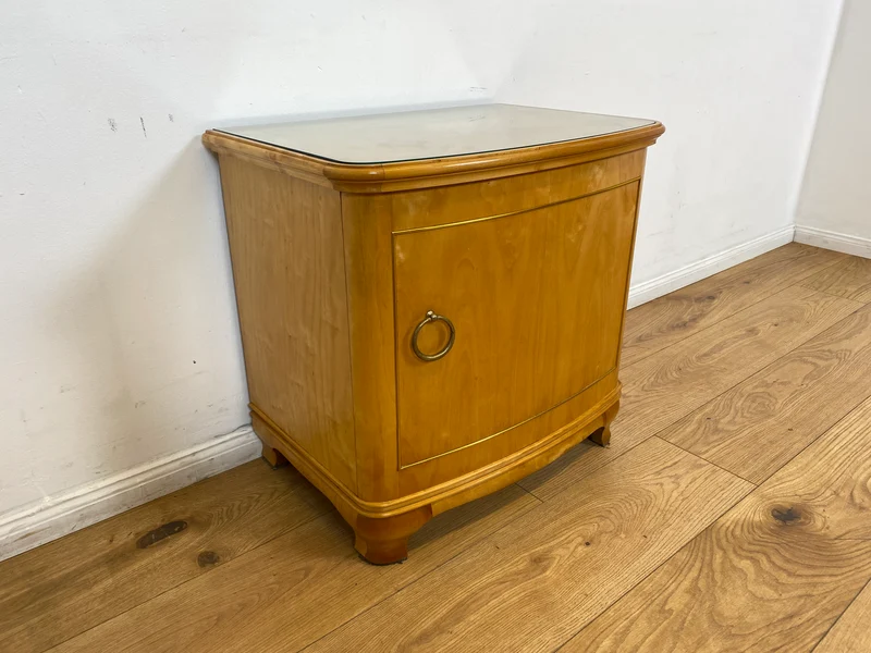 WMK I 1/2 Formschöner heller und großer Mid-Century Nachttisch aus vollem Holz mit Schubladen & abnehmbarer Glasauflage