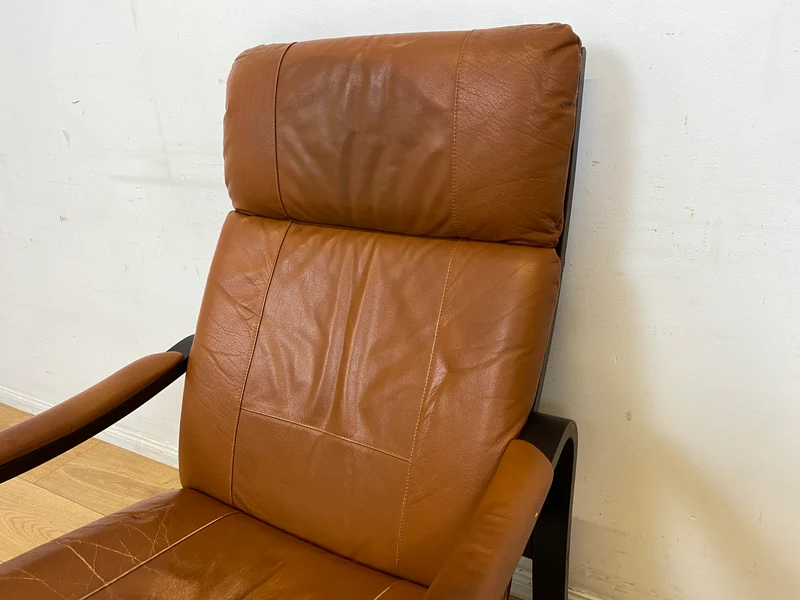 Stilvoller und gemütlicher skandinavischer Mid-Century Sessel mit Bugholzrahmen und braunem Echtleder Bezug I Ledersessel Loungesessel Lesesessel Freischwinger Leder Vintage I