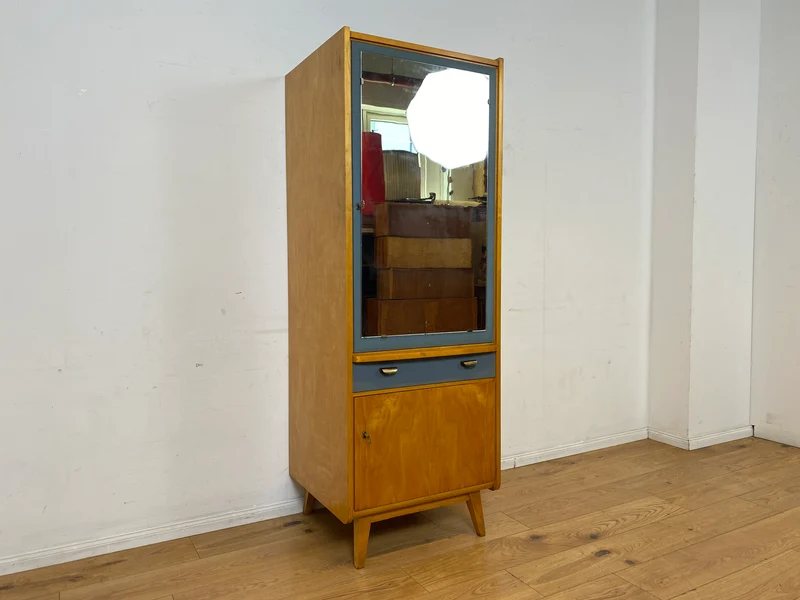 Sehr hübscher 60er Jahre Schrank mit Spiegel , Schublade & Messinggriffen I Schrank Kleiderschrank Spiegelschrank Flurschrank Garderobe Badschrank Mid-Century Vintage 50er