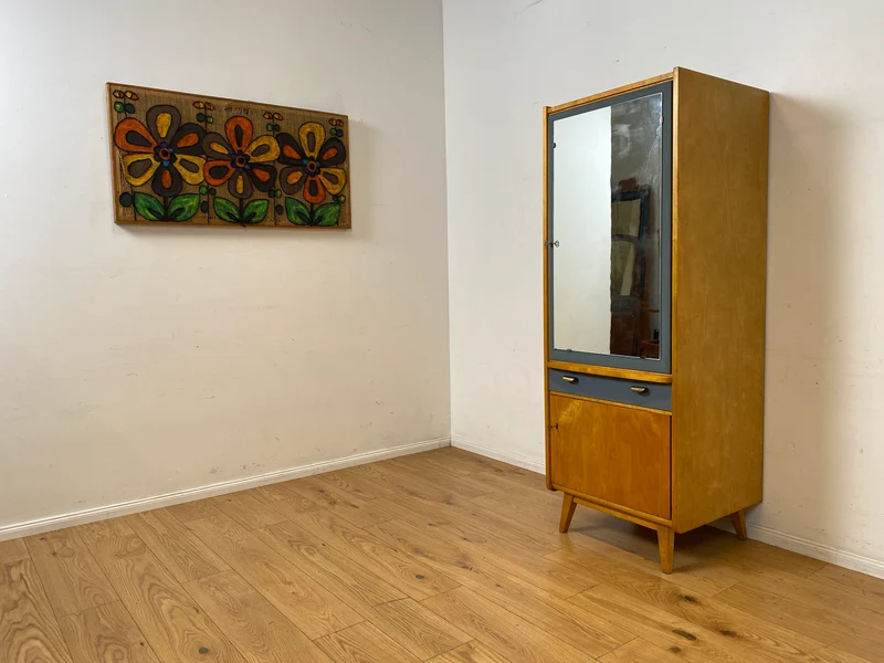 Sehr hübscher 60er Jahre Schrank mit Spiegel , Schublade & Messinggriffen I Schrank Kleiderschrank Spiegelschrank Flurschrank Garderobe Badschrank Mid-Century Vintage 50er