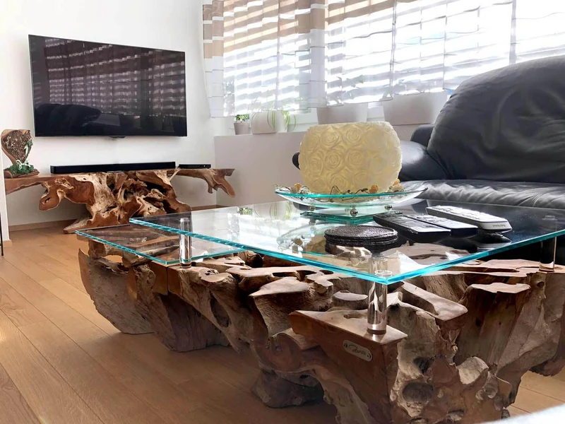 Couchtisch Wurzelholz Design Teak mit Glasplatte rechteckig