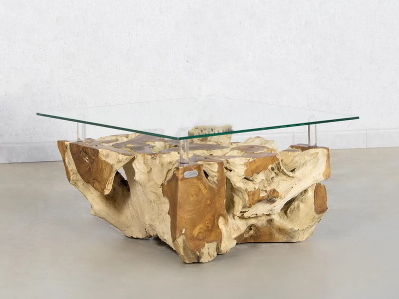 Couchtisch Wurzelholz Design Teak mit Glasplatte rechteckig