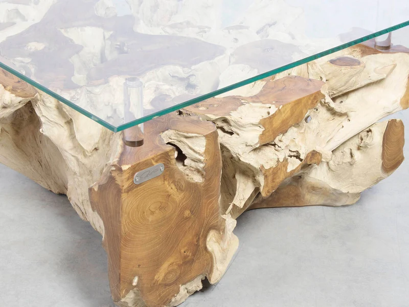 Couchtisch Wurzelholz Design Teak mit Glasplatte rechteckig