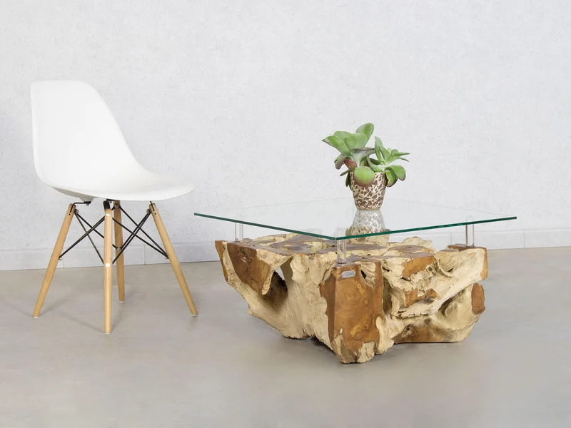 Couchtisch Wurzelholz Design Teak mit Glasplatte rechteckig