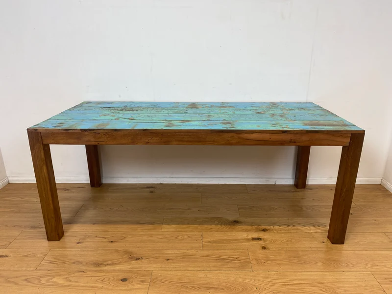 Einzigartiger 200x90cm großer meeresblauer Esstisch handgefertigt aus altem Bootsholz I Teakholz massiv I Tisch Küchentisch Gartentisch Holztisch Dining Table I