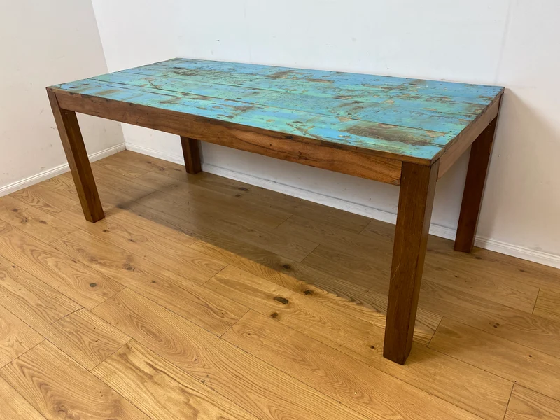 Einzigartiger 200x90cm großer meeresblauer Esstisch handgefertigt aus altem Bootsholz I Teakholz massiv I Tisch Küchentisch Gartentisch Holztisch Dining Table I