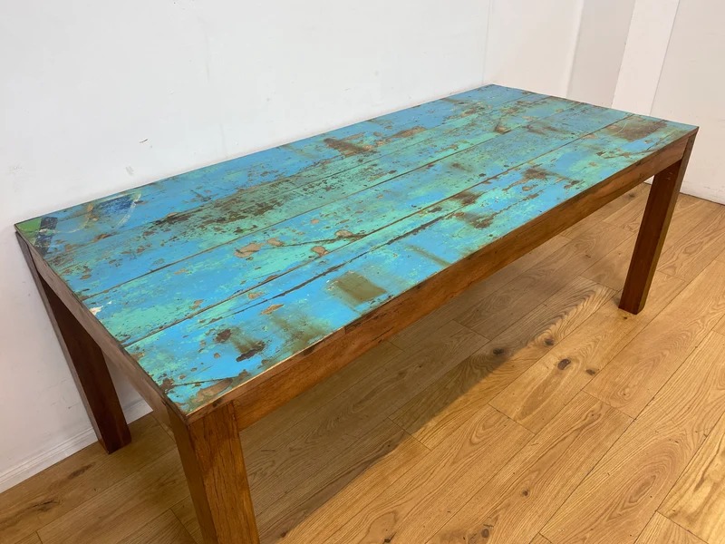 Einzigartiger 200x90cm großer meeresblauer Esstisch handgefertigt aus altem Bootsholz I Teakholz massiv I Tisch Küchentisch Gartentisch Holztisch Dining Table I