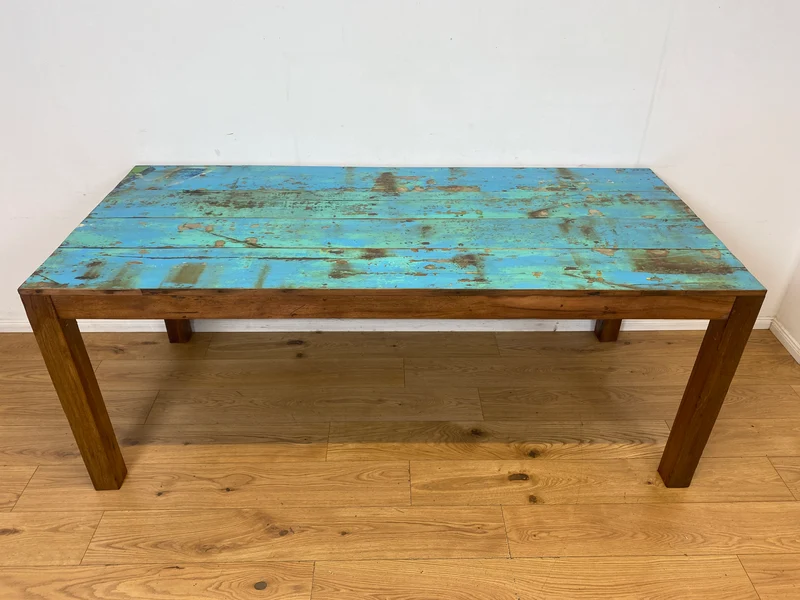 Einzigartiger 200x90cm großer meeresblauer Esstisch handgefertigt aus altem Bootsholz I Teakholz massiv I Tisch Küchentisch Gartentisch Holztisch Dining Table I